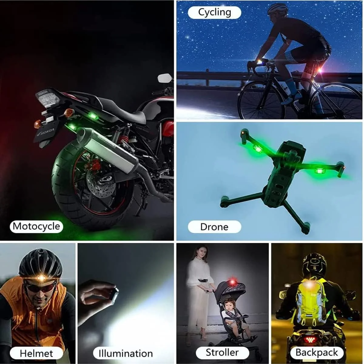 7 Colors LED Motorcycle Strobe Lights - Anti-Collision Lights and USB Charging, Night Signal Emergency Warning
