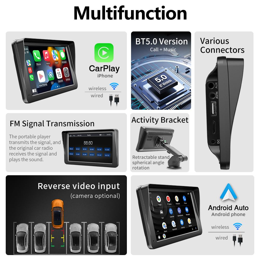 7" Touchscreen Car Display – Bluetooth Hands-Free Multimedia Player with Free Rear View Camera