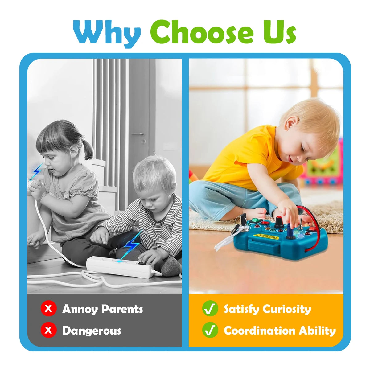 8-in-1 Montessori Busy Board Toy, Ages 3+, Multiple LED Light Switches, Non-toxic
