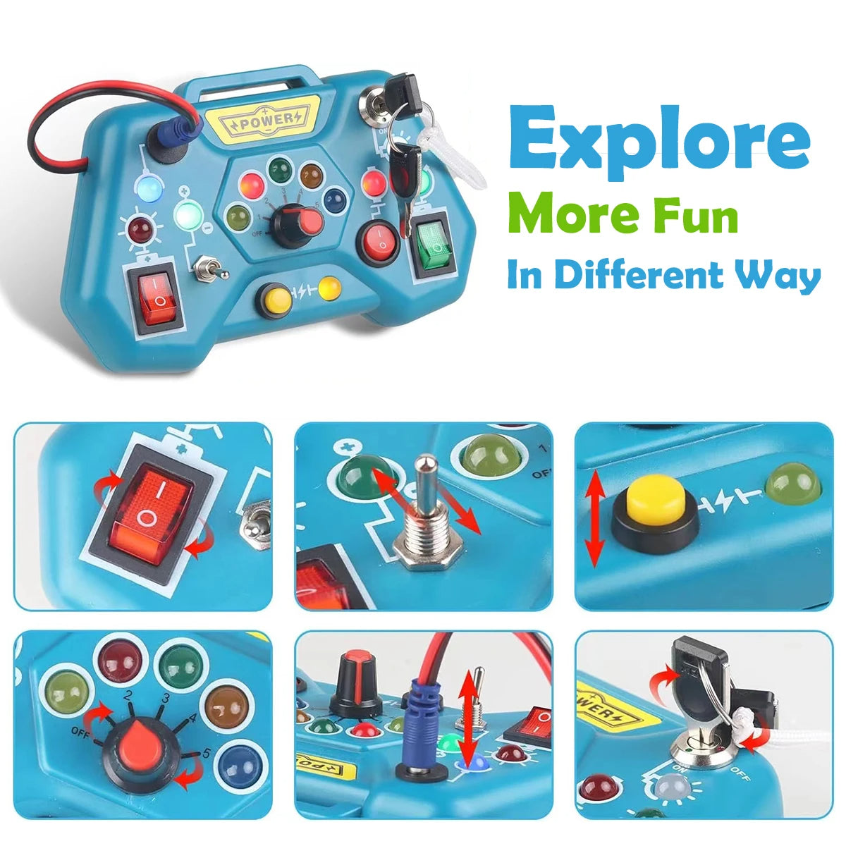 8-in-1 Montessori Busy Board Toy, Ages 3+, Multiple LED Light Switches, Non-toxic