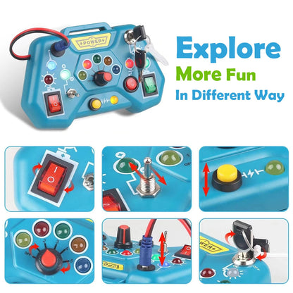 8-in-1 Montessori Busy Board Toy, Ages 3+, Multiple LED Light Switches, Non-toxic