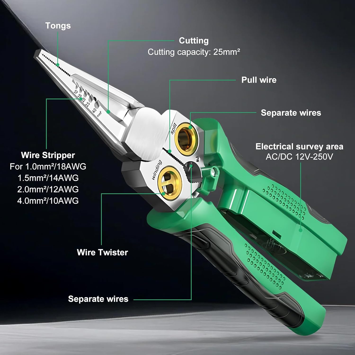 8-in-1 Multi-Functional Wire Stripping Pliers with Electrical Tester, Winding & Split Hole Design, Made from Durable Stainless Steel
