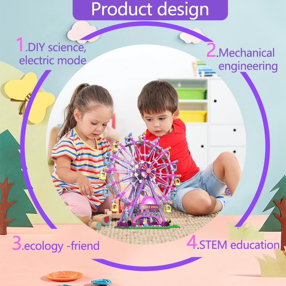 813 Piece Ferris Wheel Building Set with Swinging Cabins, STEM Learning Toy, Safe & Fun for Kids 6+