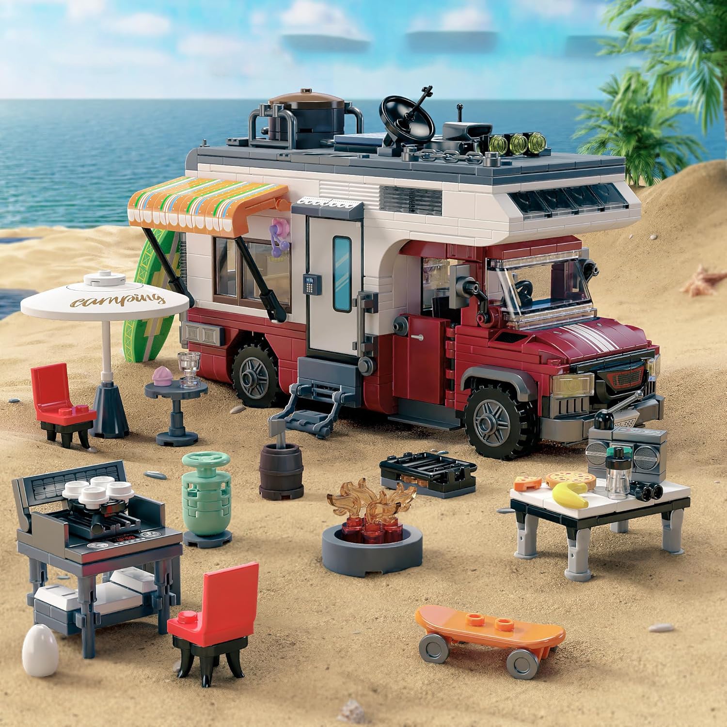 880 pcs Camping Car Toy, Camper Van Building Block Set with Mini Accessories & LED Lights, Safe for Ages 6+