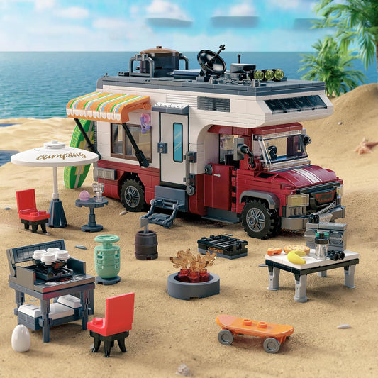 880 pcs Camping Car Toy, Camper Van Building Block Set with Mini Accessories & LED Lights, Safe for Ages 6+