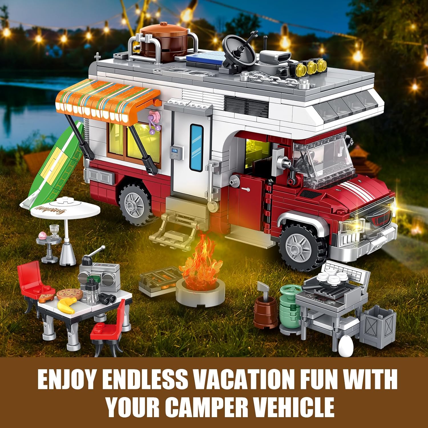 880 pcs Camping Car Toy, Camper Van Building Block Set with Mini Accessories & LED Lights, Safe for Ages 6+