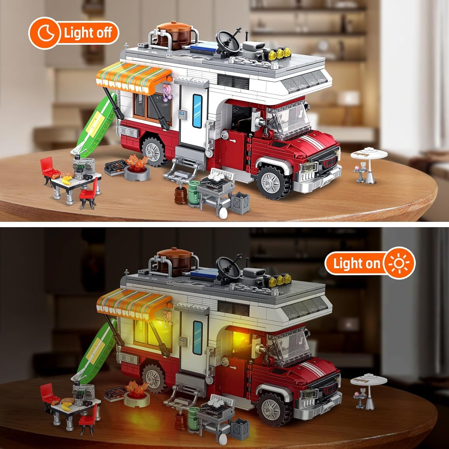 880 pcs Camping Car Toy, Camper Van Building Block Set with Mini Accessories & LED Lights, Safe for Ages 6+