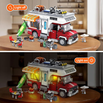 880 pcs Camping Car Toy, Camper Van Building Block Set with Mini Accessories & LED Lights, Safe for Ages 6+