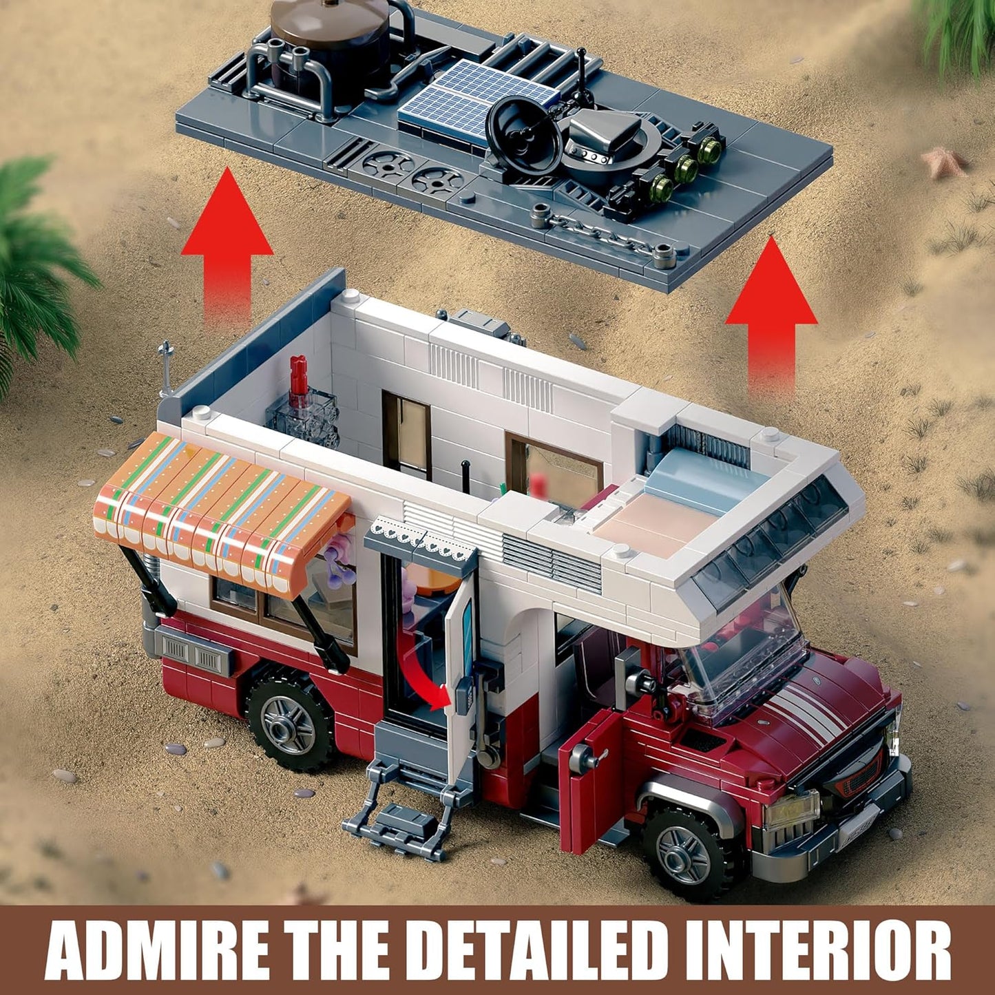 880 pcs Camping Car Toy, Camper Van Building Block Set with Mini Accessories & LED Lights, Safe for Ages 6+