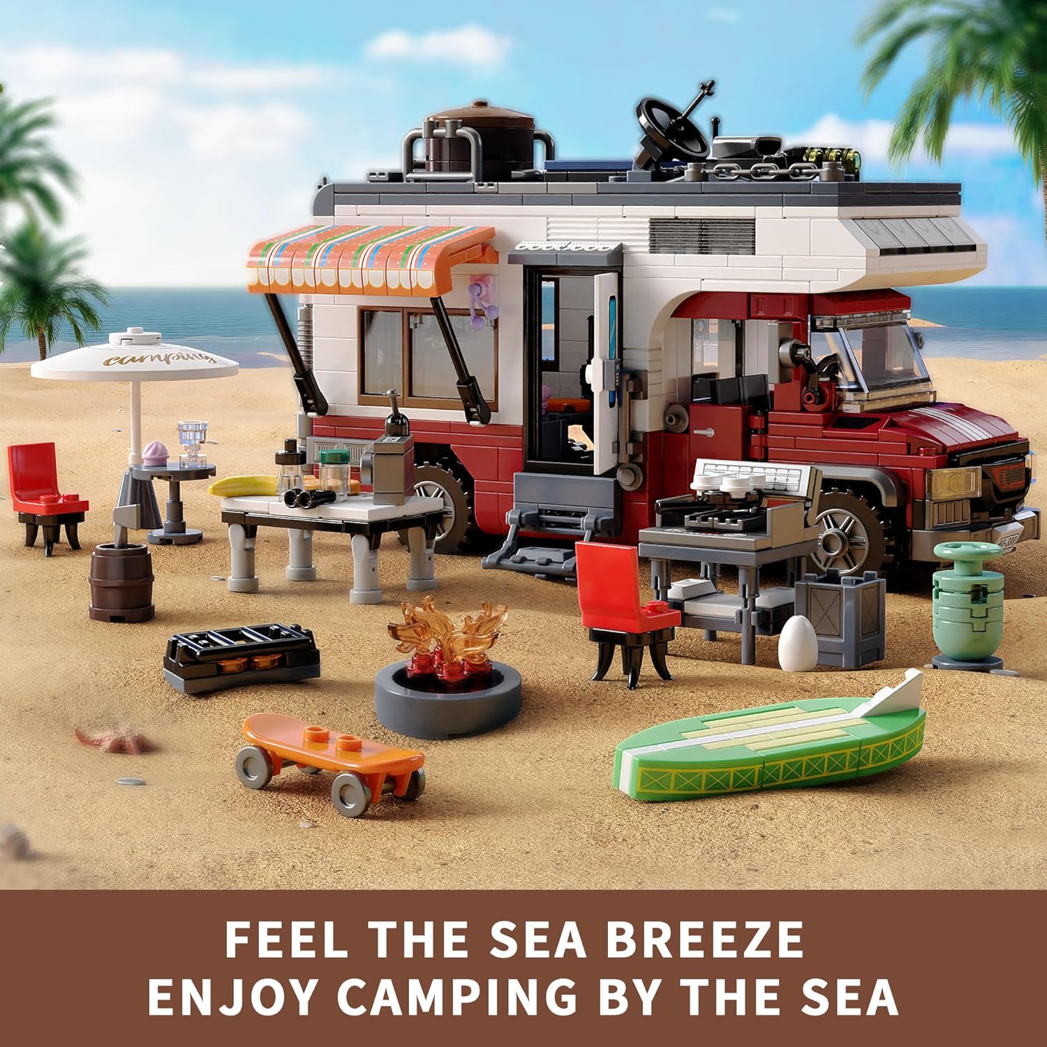 880 pcs Camping Car Toy, Camper Van Building Block Set with Mini Accessories & LED Lights, Safe for Ages 6+