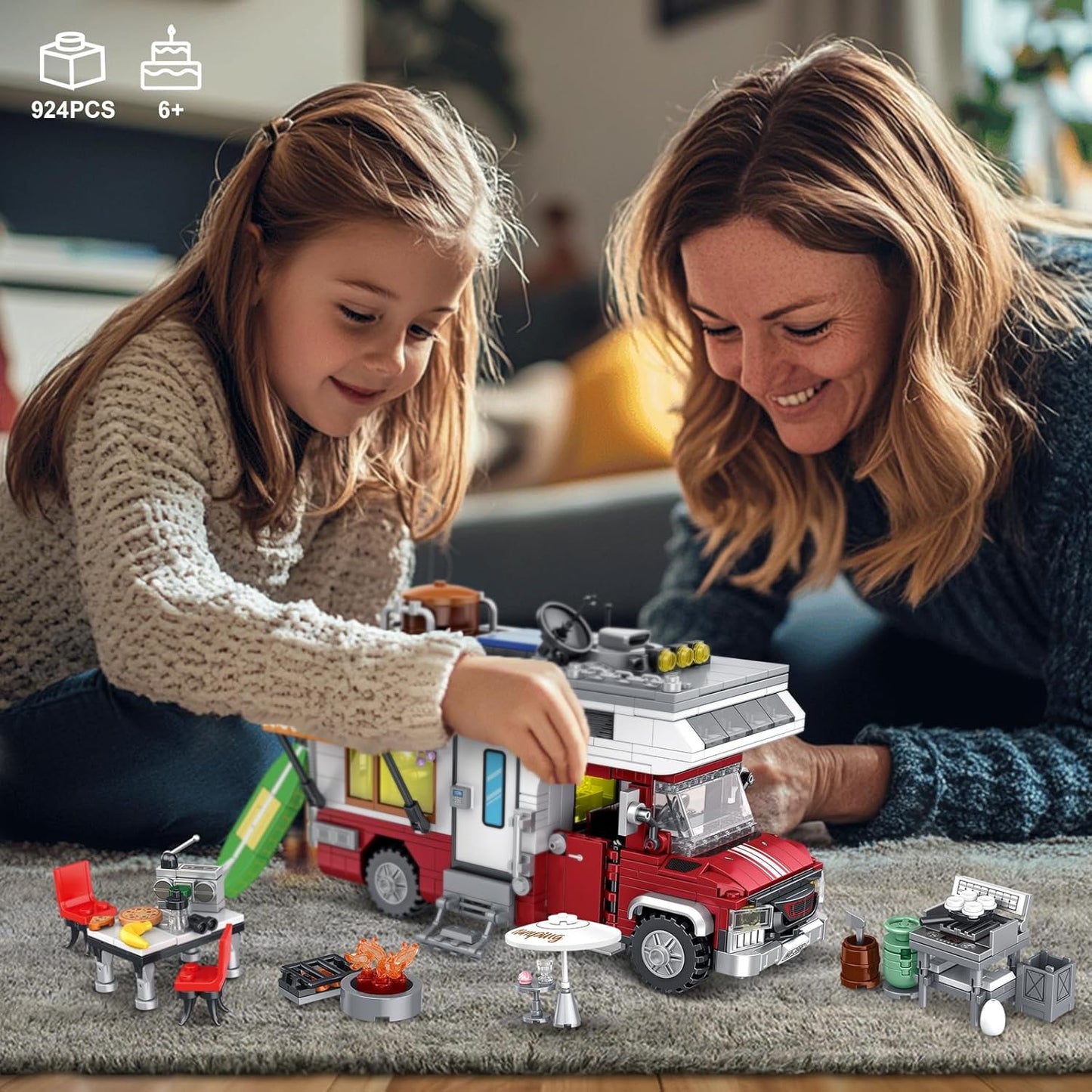 880 pcs Camping Car Toy, Camper Van Building Block Set with Mini Accessories & LED Lights, Safe for Ages 6+