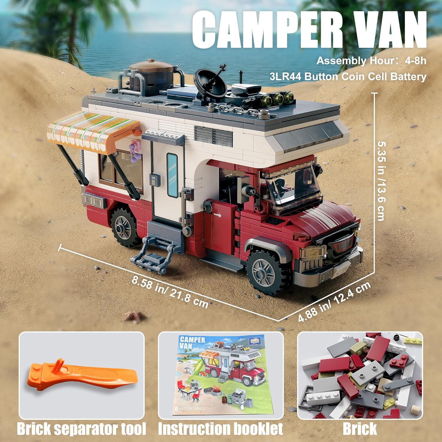 880 pcs Camping Car Toy, Camper Van Building Block Set with Mini Accessories & LED Lights, Safe for Ages 6+