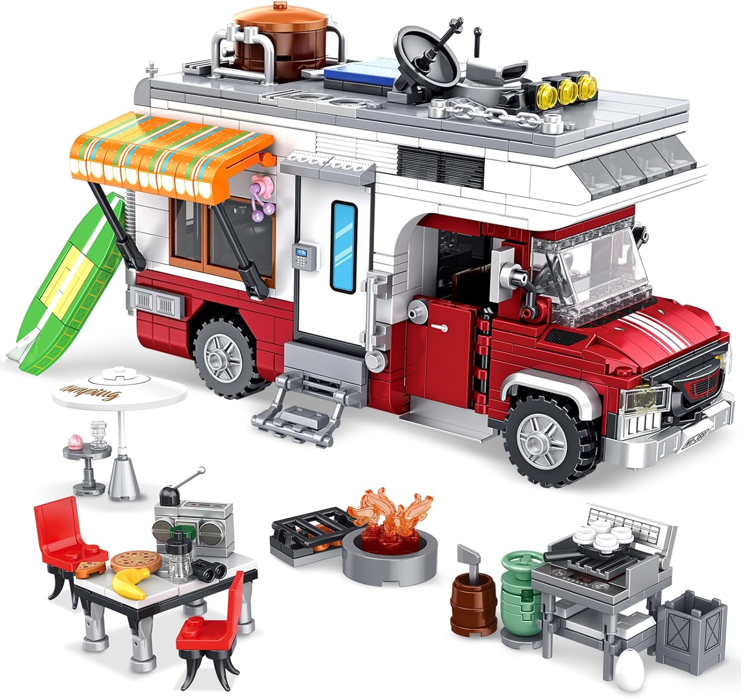 880 pcs Camping Car Toy, Camper Van Building Block Set with Mini Accessories & LED Lights, Safe for Ages 6+