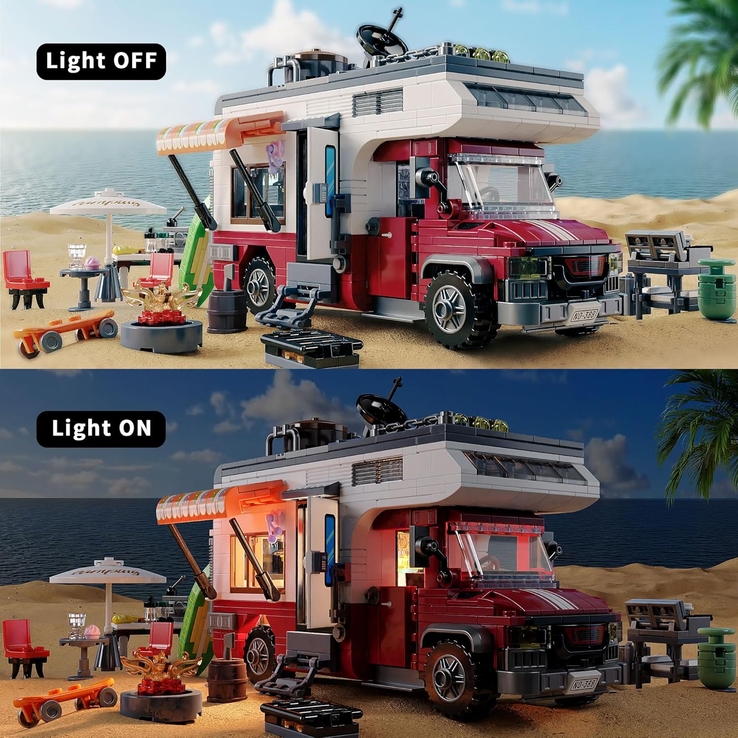 880 pcs Camping Car Toy, Camper Van Building Block Set with Mini Accessories & LED Lights, Safe for Ages 6+