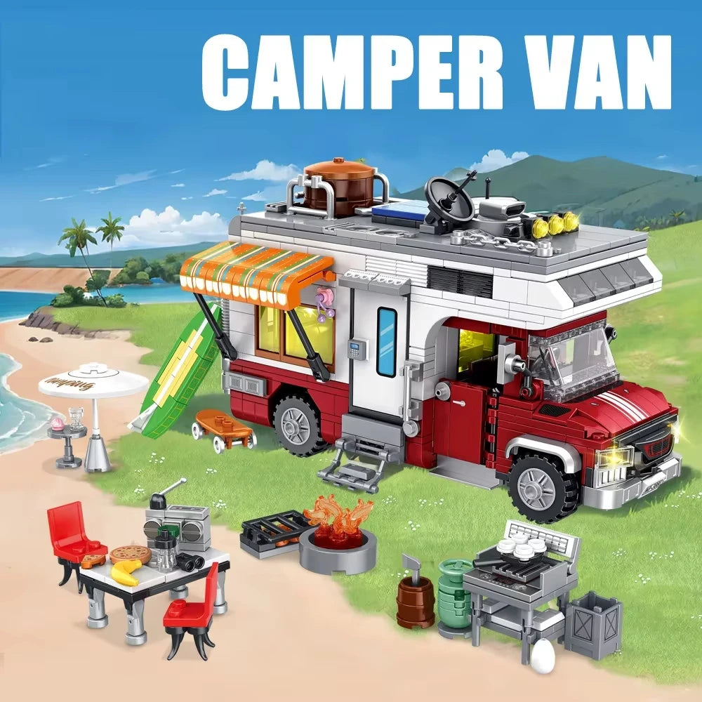880 pcs Camping Car Toy, Camper Van Building Block Set with Mini Accessories & LED Lights, Safe for Ages 6+