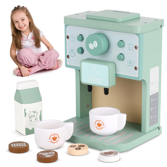 8Pcs Wooden Coffee Maker Toy Set, Kitchen Game Role Play, Safe for Ages 3+