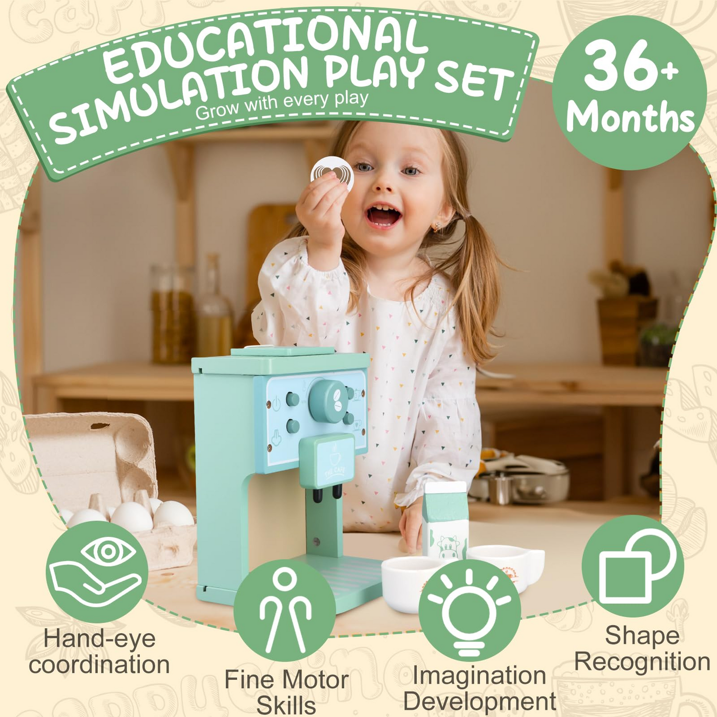 8Pcs Wooden Coffee Maker Toy Set, Kitchen Game Role Play, Safe for Ages 3+