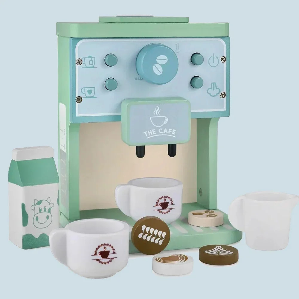 8Pcs Wooden Coffee Maker Toy Set, Kitchen Game Role Play, Safe for Ages 3+
