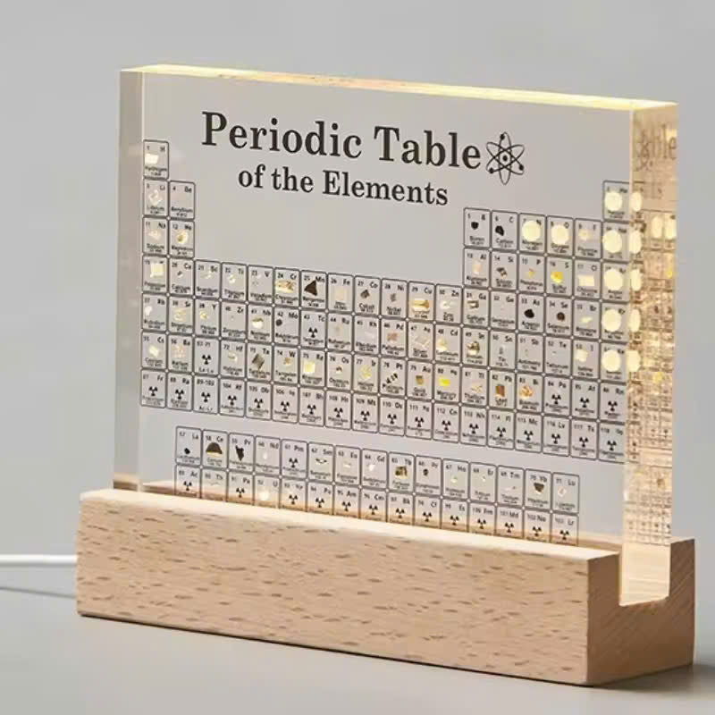Acrylic Periodic Table Chemistry Display with Wooden Base, LED Light, and USB Power