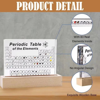 Acrylic Periodic Table Chemistry Display with Wooden Base, LED Light, and USB Power