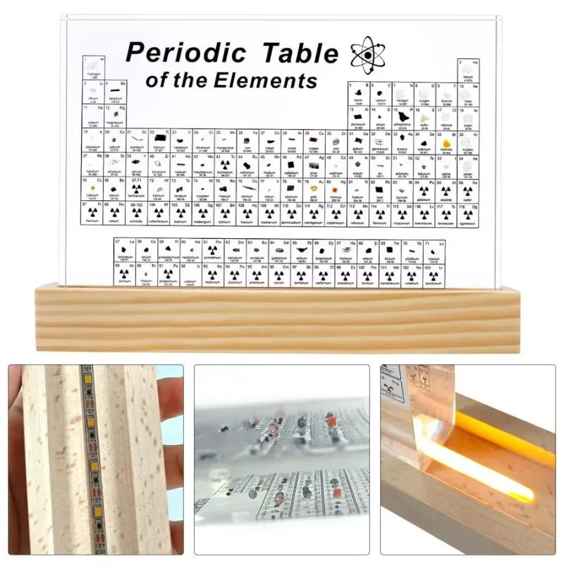 Acrylic Periodic Table Chemistry Display with Wooden Base, LED Light, and USB Power