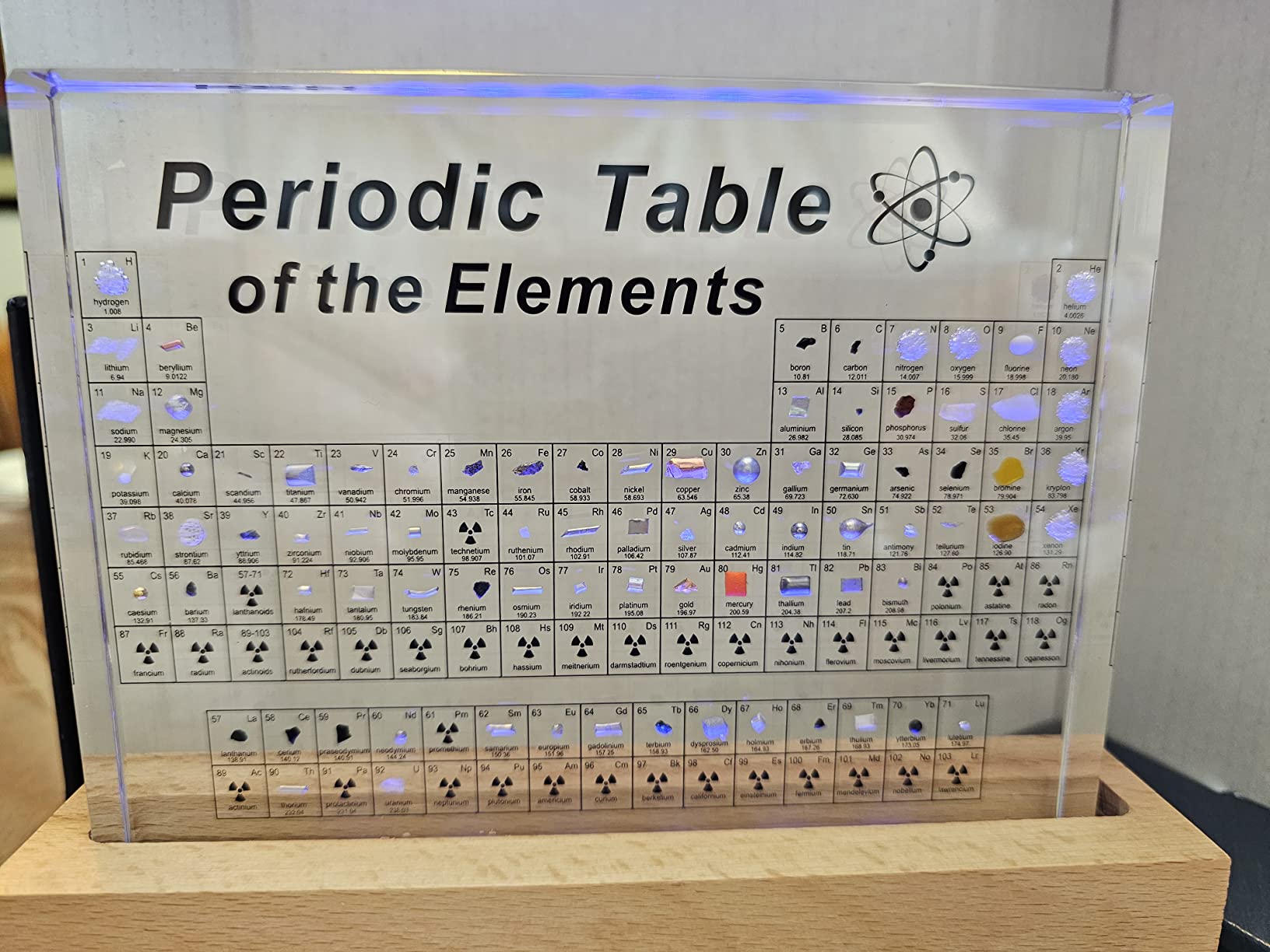 Acrylic Periodic Table Chemistry Display with Wooden Base, LED Light, and USB Power