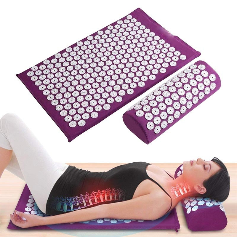 Acupressure Yoga Massage Pad and Pillow Set for Full Body Neck Back Foot Relief Purple