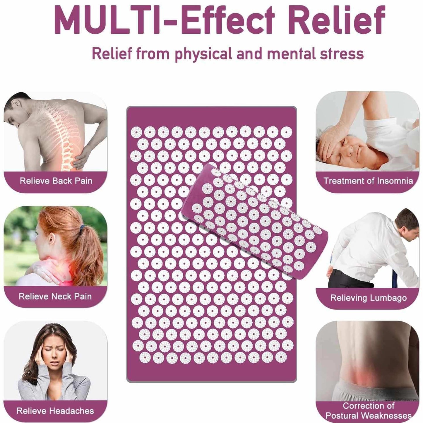 Acupressure Yoga Massage Pad and Pillow Set for Full Body Neck Back Foot Relief Purple