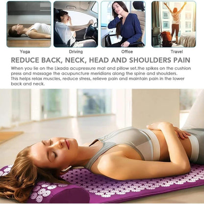 Acupressure Yoga Massage Pad and Pillow Set for Full Body Neck Back Foot Relief Purple