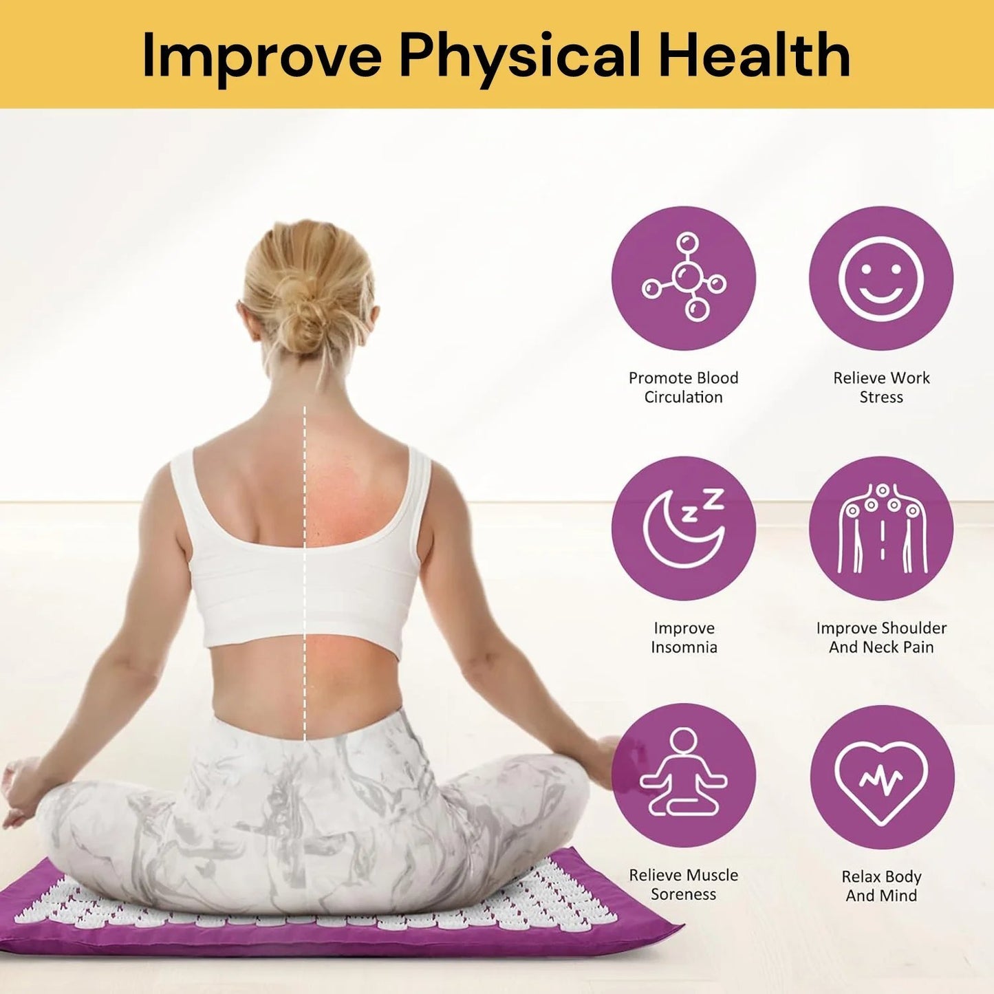 Acupressure Yoga Massage Pad and Pillow Set for Full Body Neck Back Foot Relief Purple