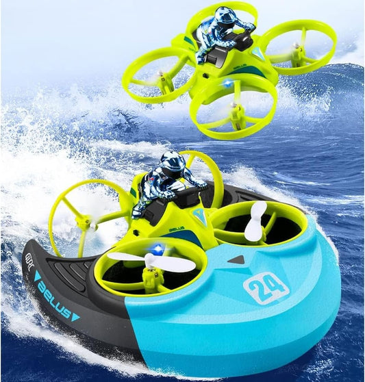 Amphibious RC Toy with 3-in-1 Air, Land & Water Modes, 360° Flips & Rotations, LED Lights for Night Flying, Safe for Ages 8+