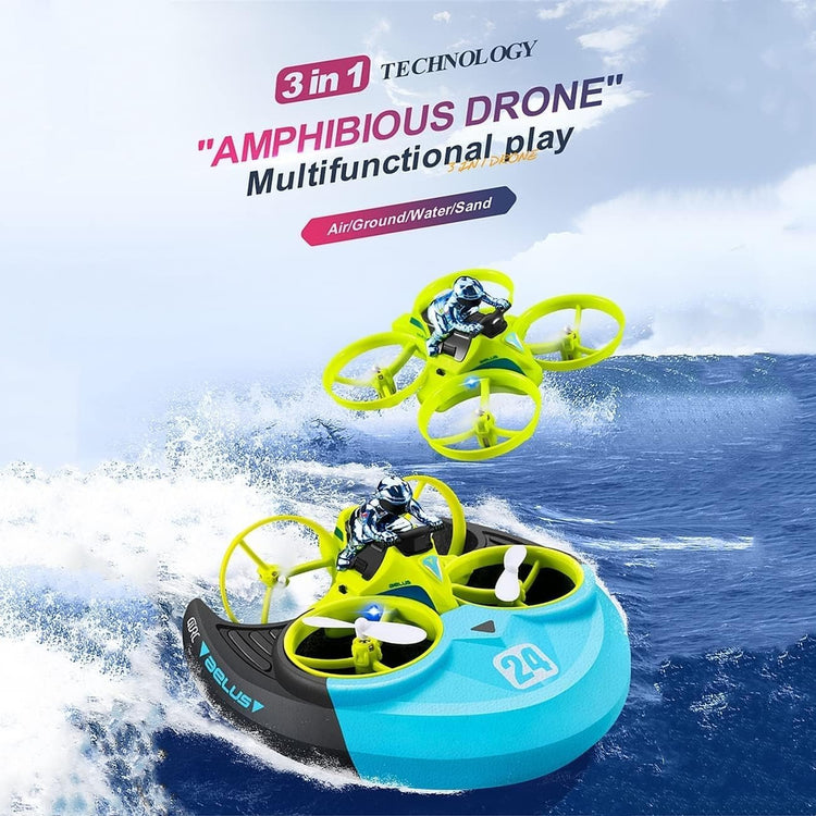 Amphibious RC Toy with 3-in-1 Air, Land & Water Modes, 360° Flips & Rotations, LED Lights for Night Flying, Safe for Ages 8+