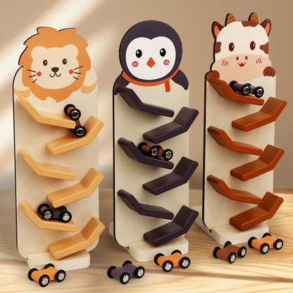Animals Wooden Car Ramp Racer Toy, Zig Slide, Educational Game, Safe for Ages 1+