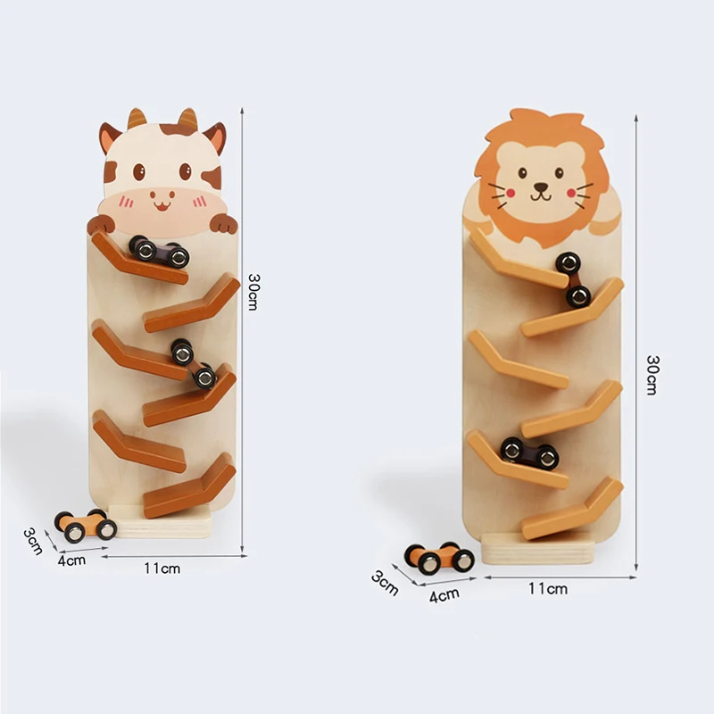Animals Wooden Car Ramp Racer Toy, Zig Slide, Educational Game, Safe for Ages 1+