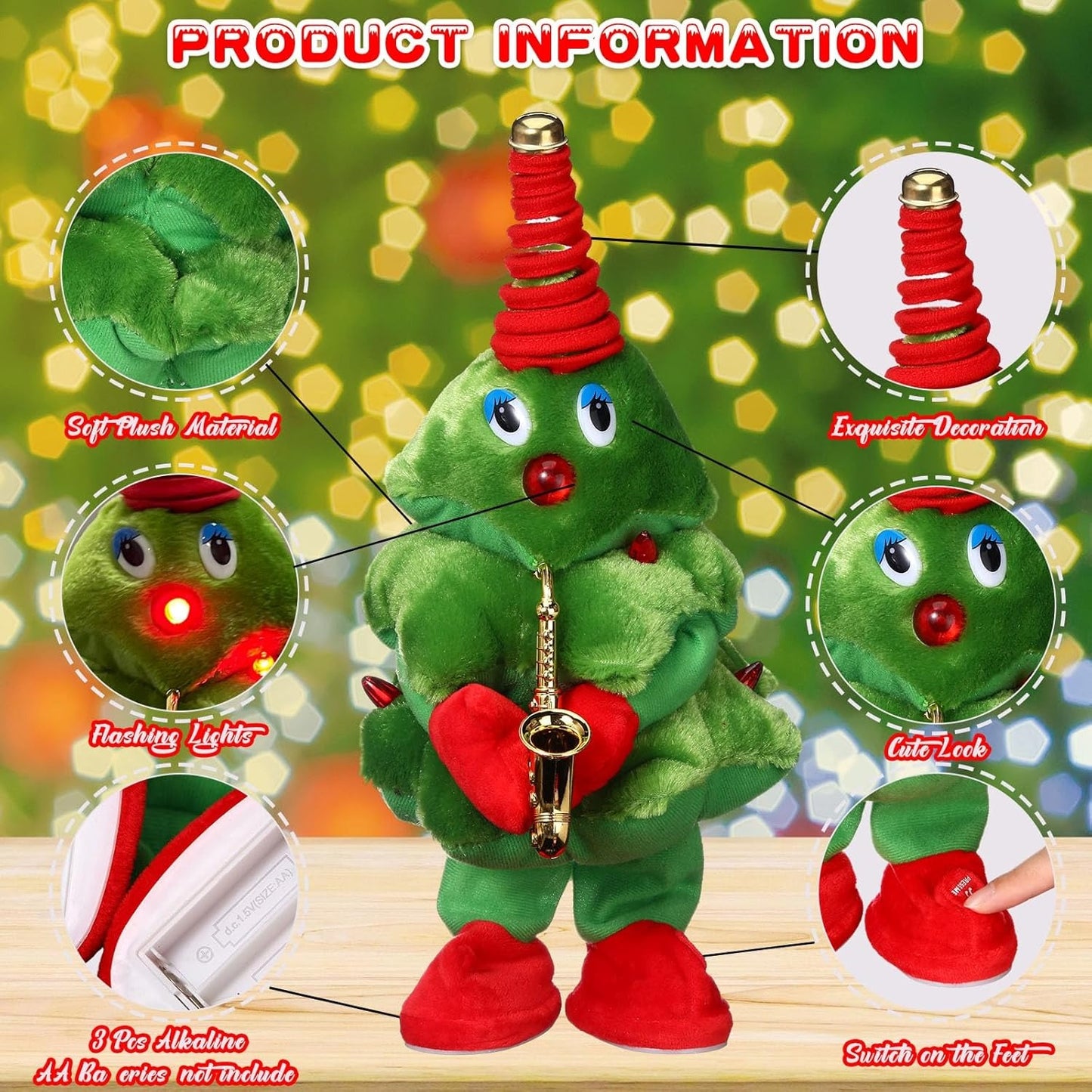 Animated Christmas Songster with Singing & Dancing Christmas Tree and Cute Saxophone Design, Safe for Ages 3+