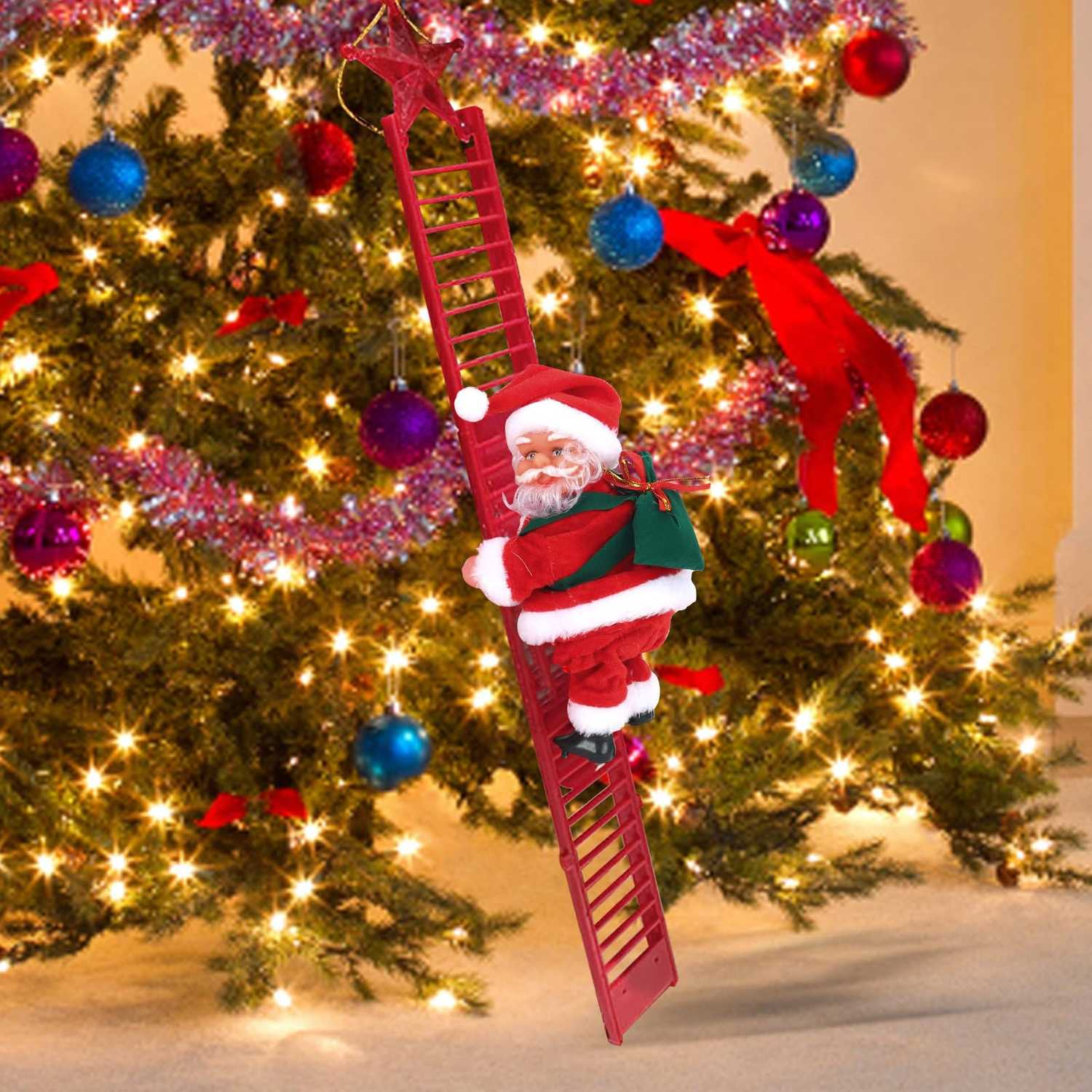 Animated Climbing Santa Christmas Decoration with LED Lights – Unique Christmas Tree Ornament