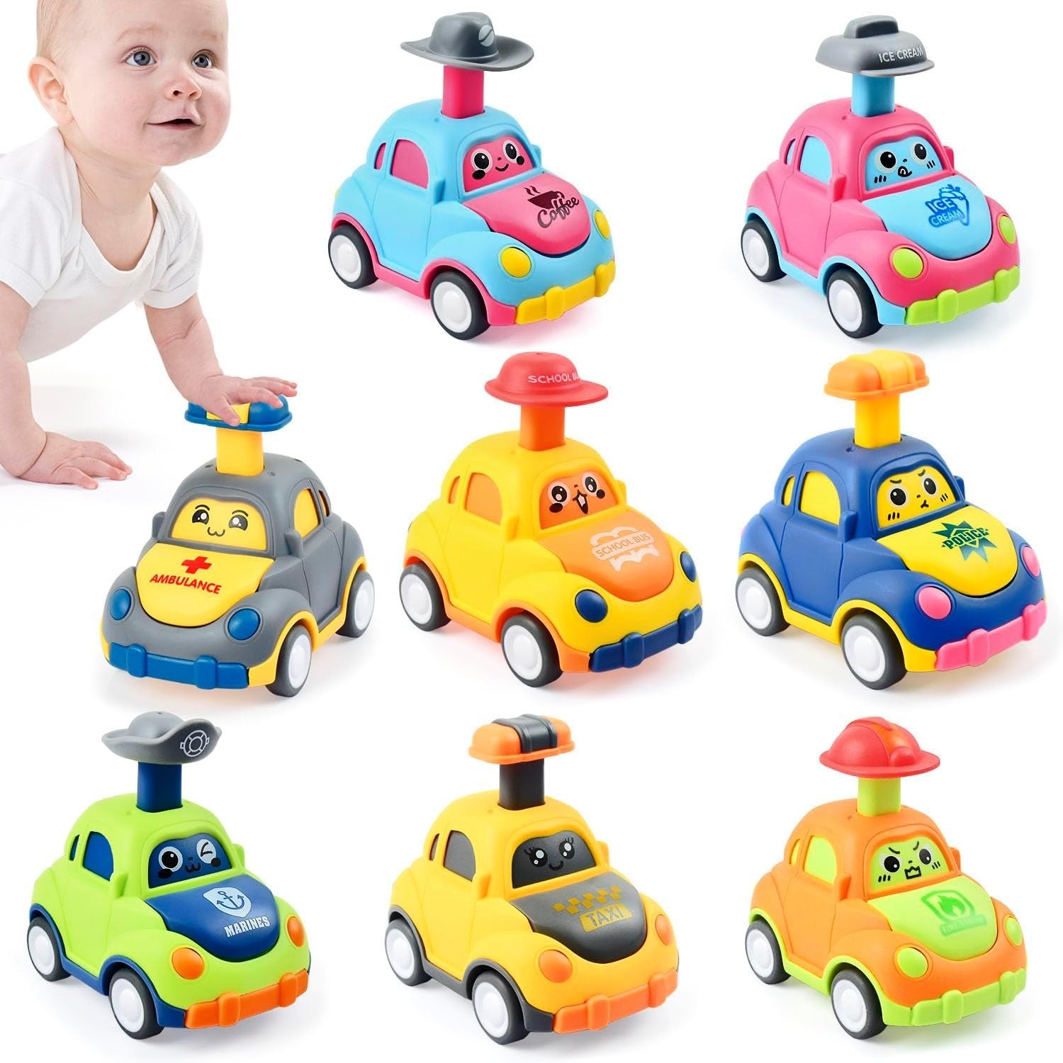 Baby Cartoon Inertia Car Toy with Pull Back Cars, Montessori Early Education, Sensory development, Safe for Ages 1+
