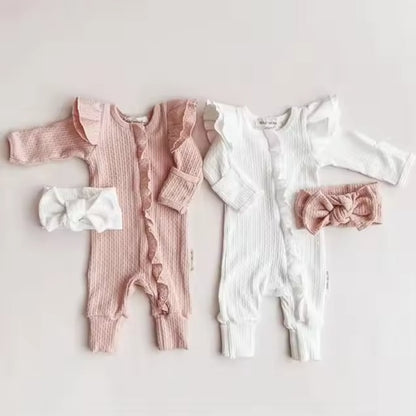 Baby Clothes New Born Baby Clothing Solid Color Flying Sleeve Ruffled Zipper Romper