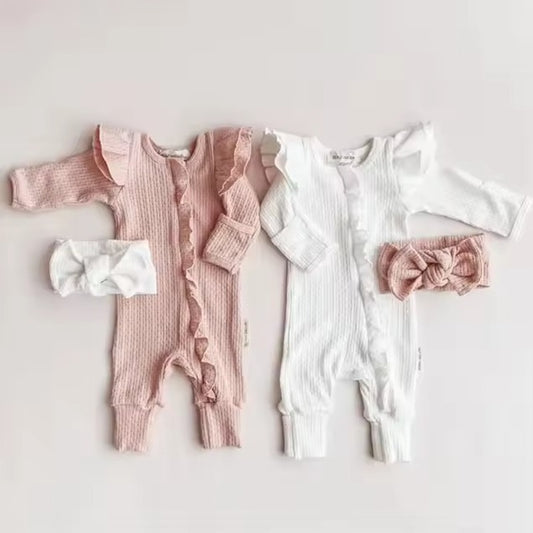 Baby Clothes New Born Baby Clothing Solid Color Flying Sleeve Ruffled Zipper Romper