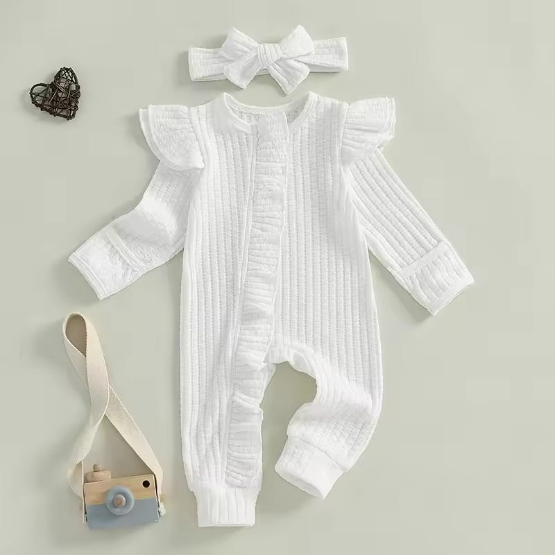 Baby Clothes New Born Baby Clothing Solid Color Flying Sleeve Ruffled Zipper Romper