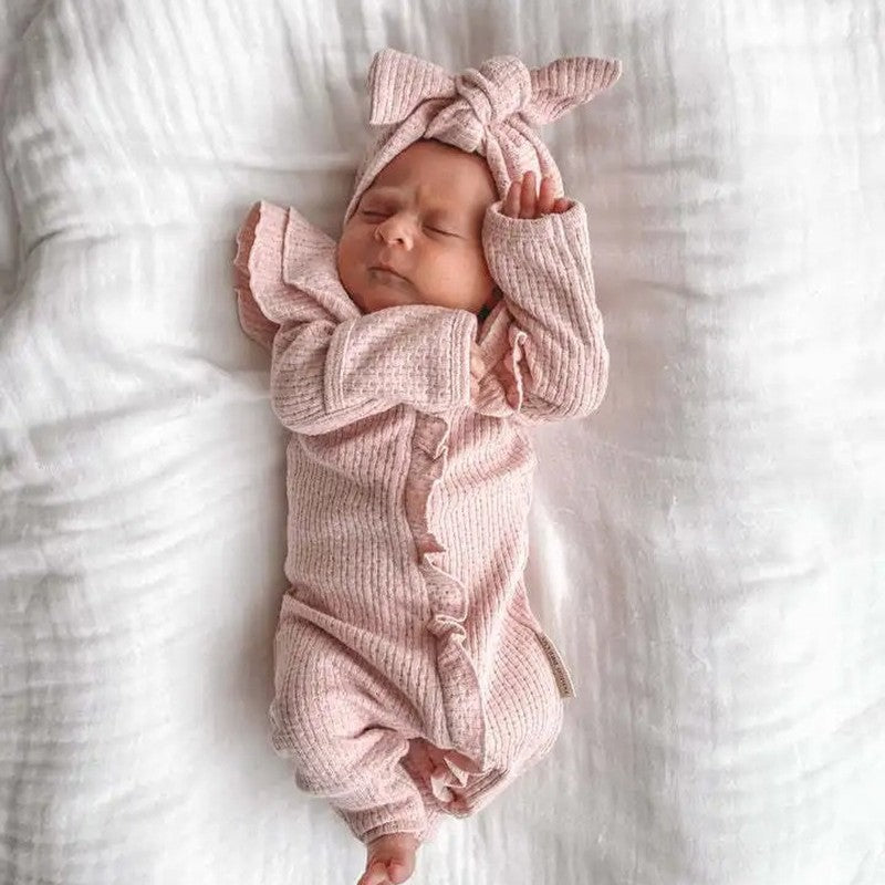 Baby Clothes New Born Baby Clothing Solid Color Flying Sleeve Ruffled Zipper Romper