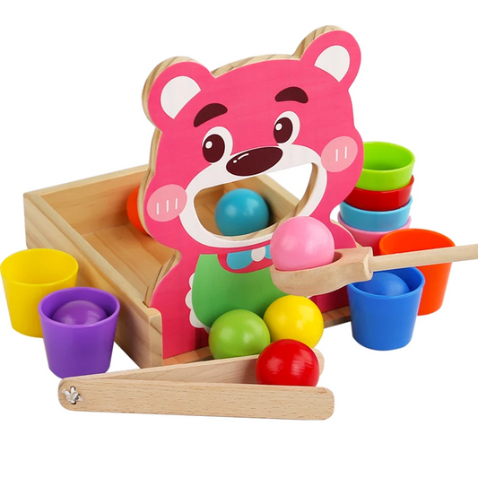 Ball in Cup Montessori Toys, Wooden Rainbow Color Sorting, Bear Feeding Game, Safe for Ages 2+