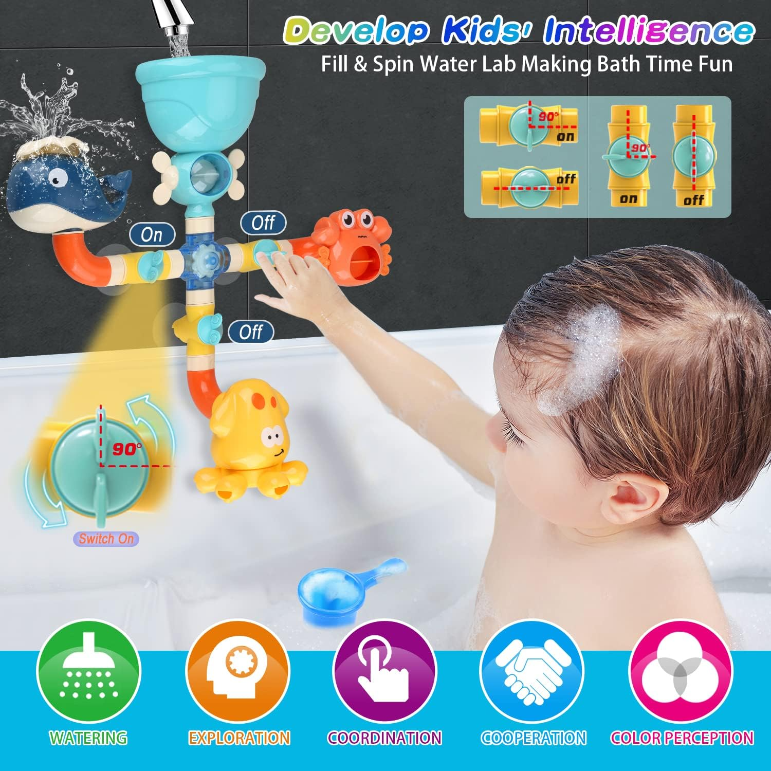 Bath Kids Toys, Waterfall Fill, Spin & Flow Octopus Crab Faucet Shower, Safe for Ages 2+