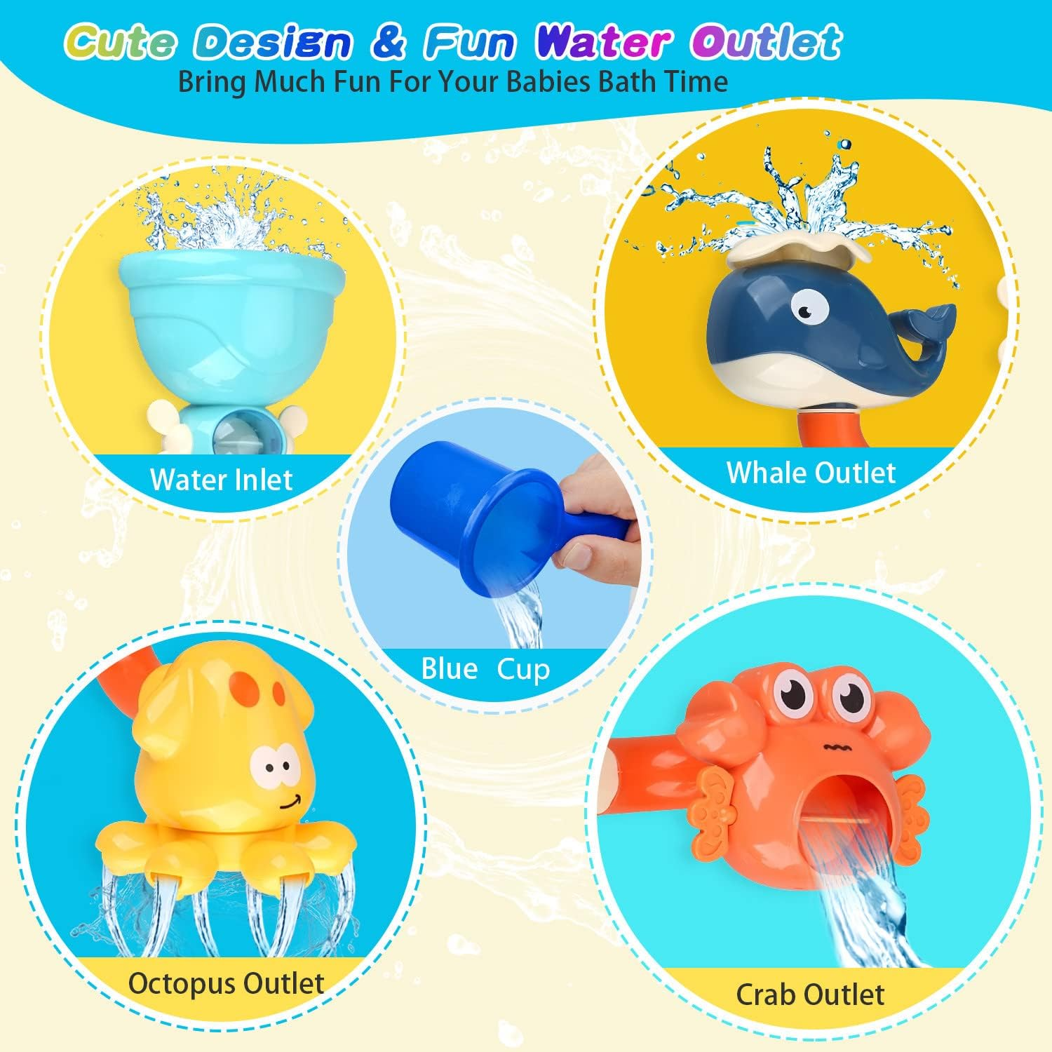Bath Kids Toys, Waterfall Fill, Spin & Flow Octopus Crab Faucet Shower, Safe for Ages 2+