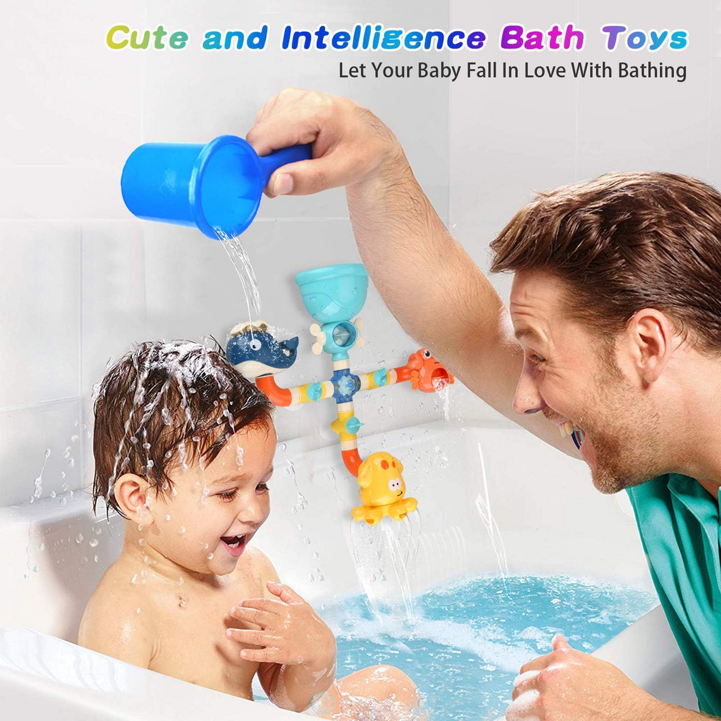 Bath Kids Toys, Waterfall Fill, Spin & Flow Octopus Crab Faucet Shower, Safe for Ages 2+