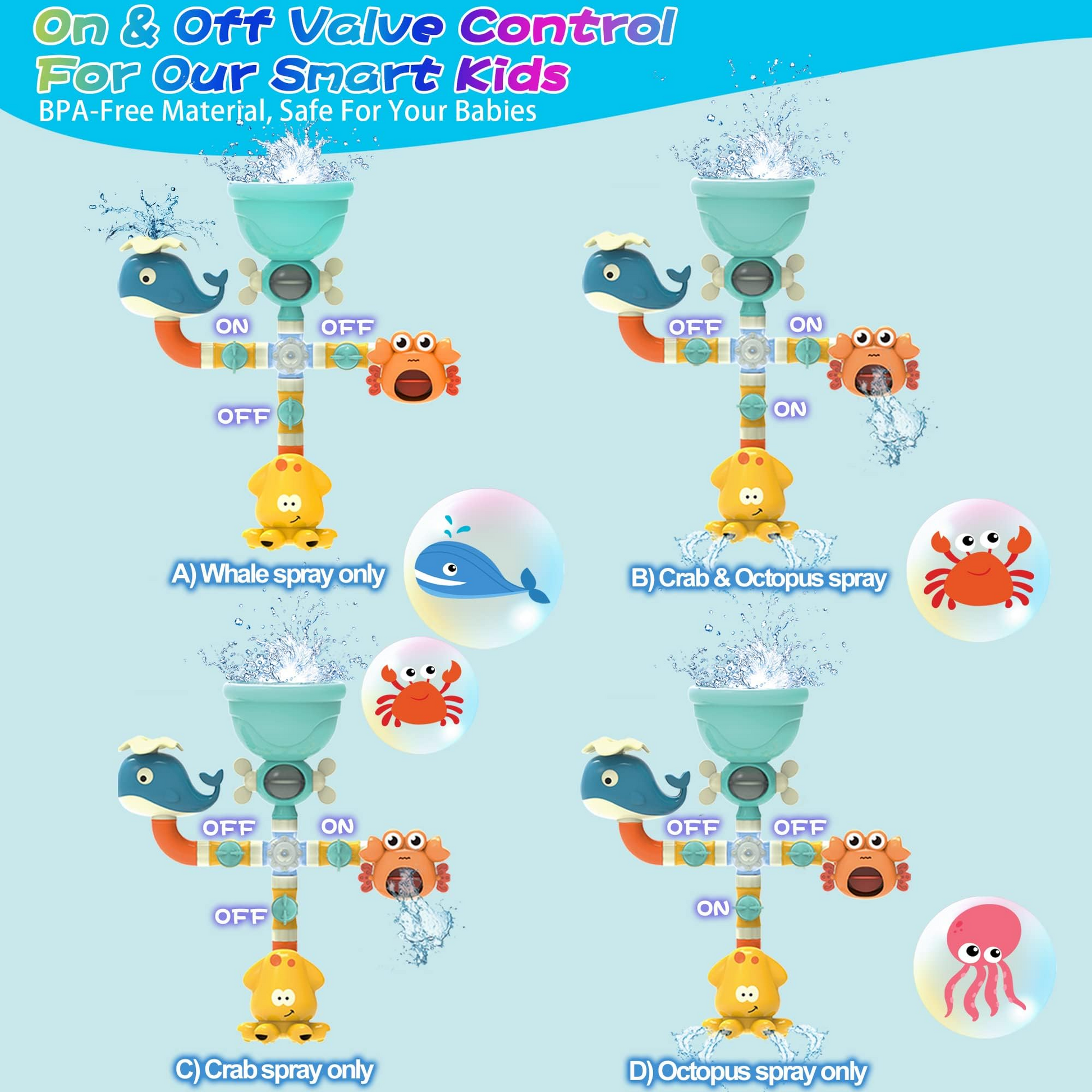 Bath Kids Toys, Waterfall Fill, Spin & Flow Octopus Crab Faucet Shower, Safe for Ages 2+