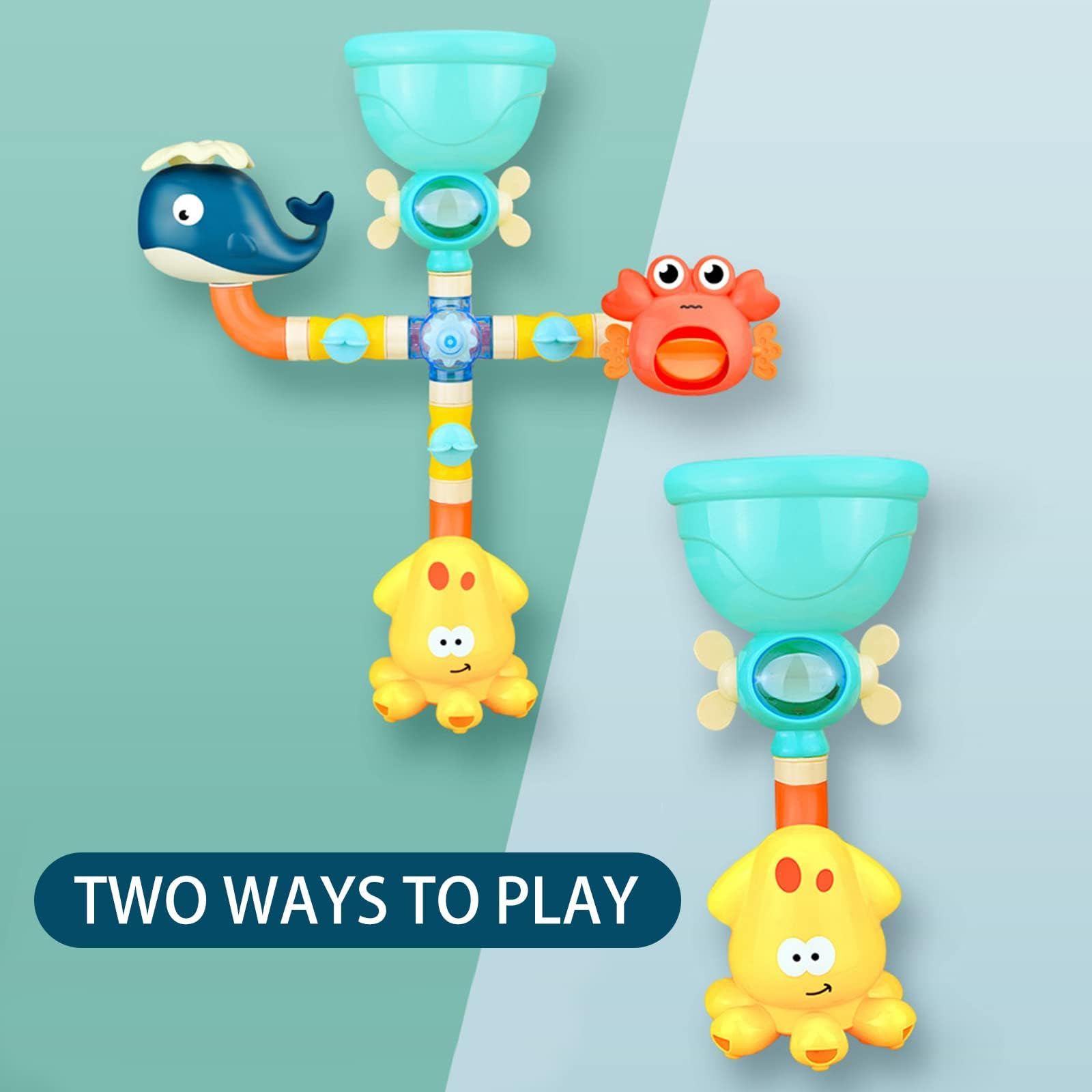 Bath Kids Toys, Waterfall Fill, Spin & Flow Octopus Crab Faucet Shower, Safe for Ages 2+