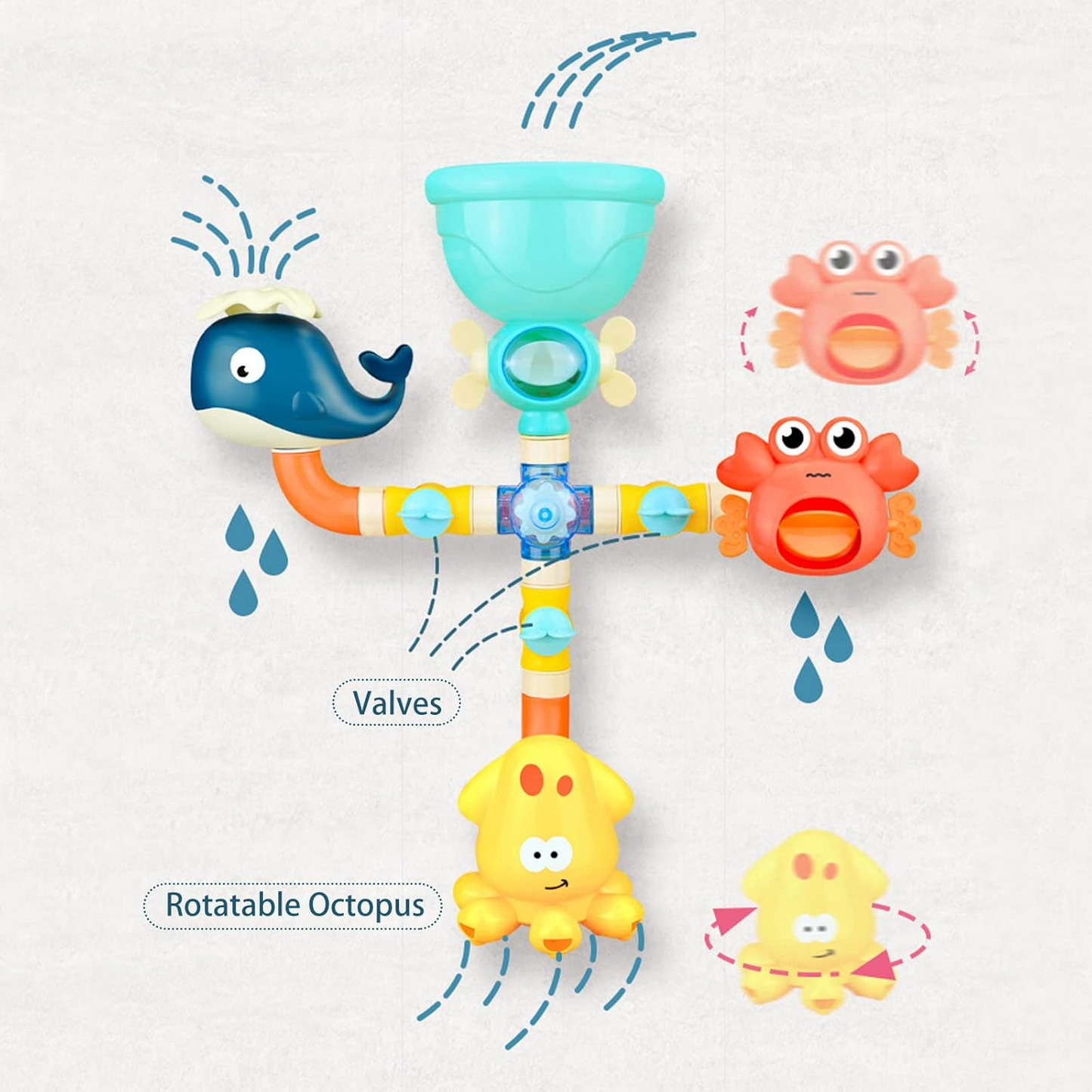 Bath Kids Toys, Waterfall Fill, Spin & Flow Octopus Crab Faucet Shower, Safe for Ages 2+