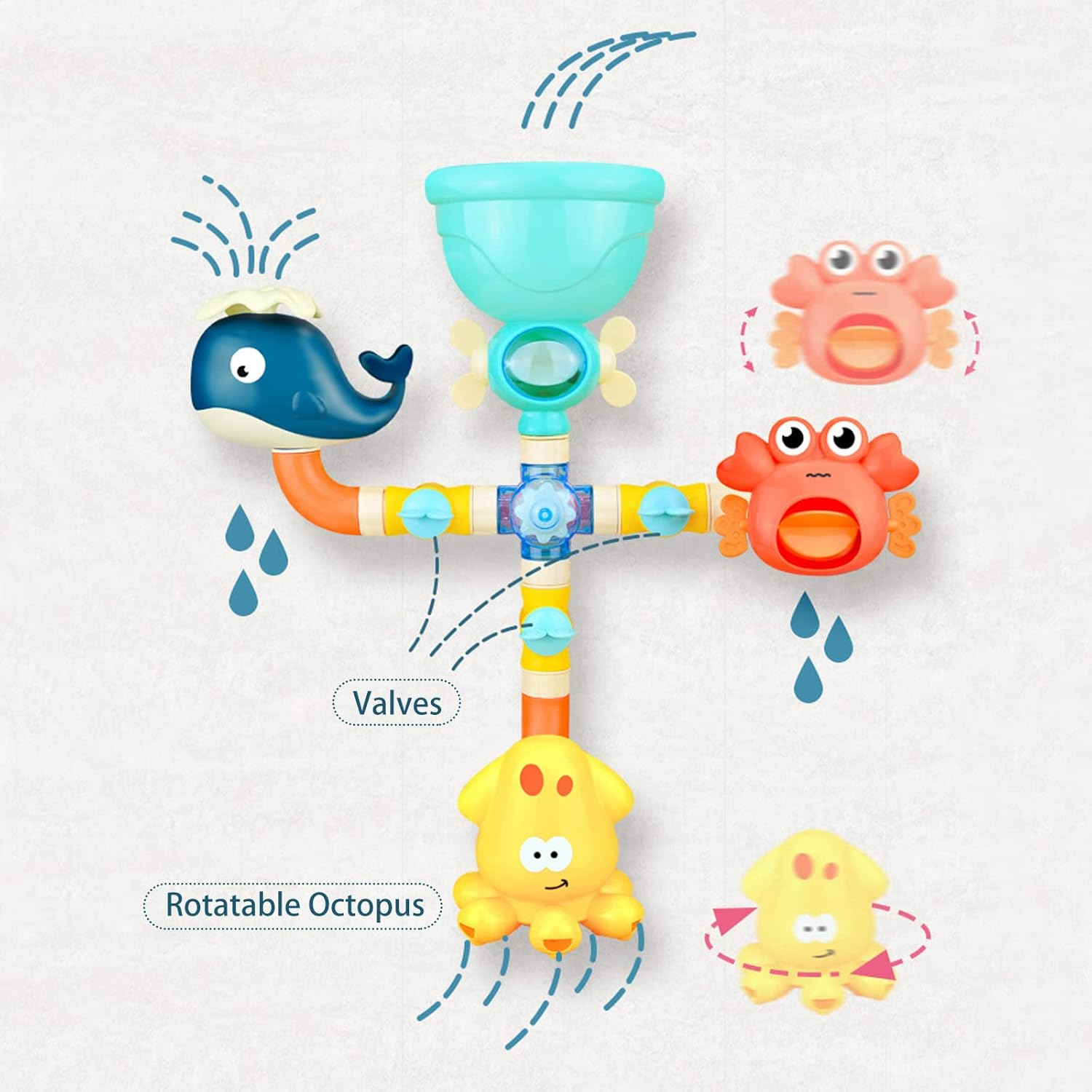 Bath Kids Toys, Waterfall Fill, Spin & Flow Octopus Crab Faucet Shower, Safe for Ages 2+