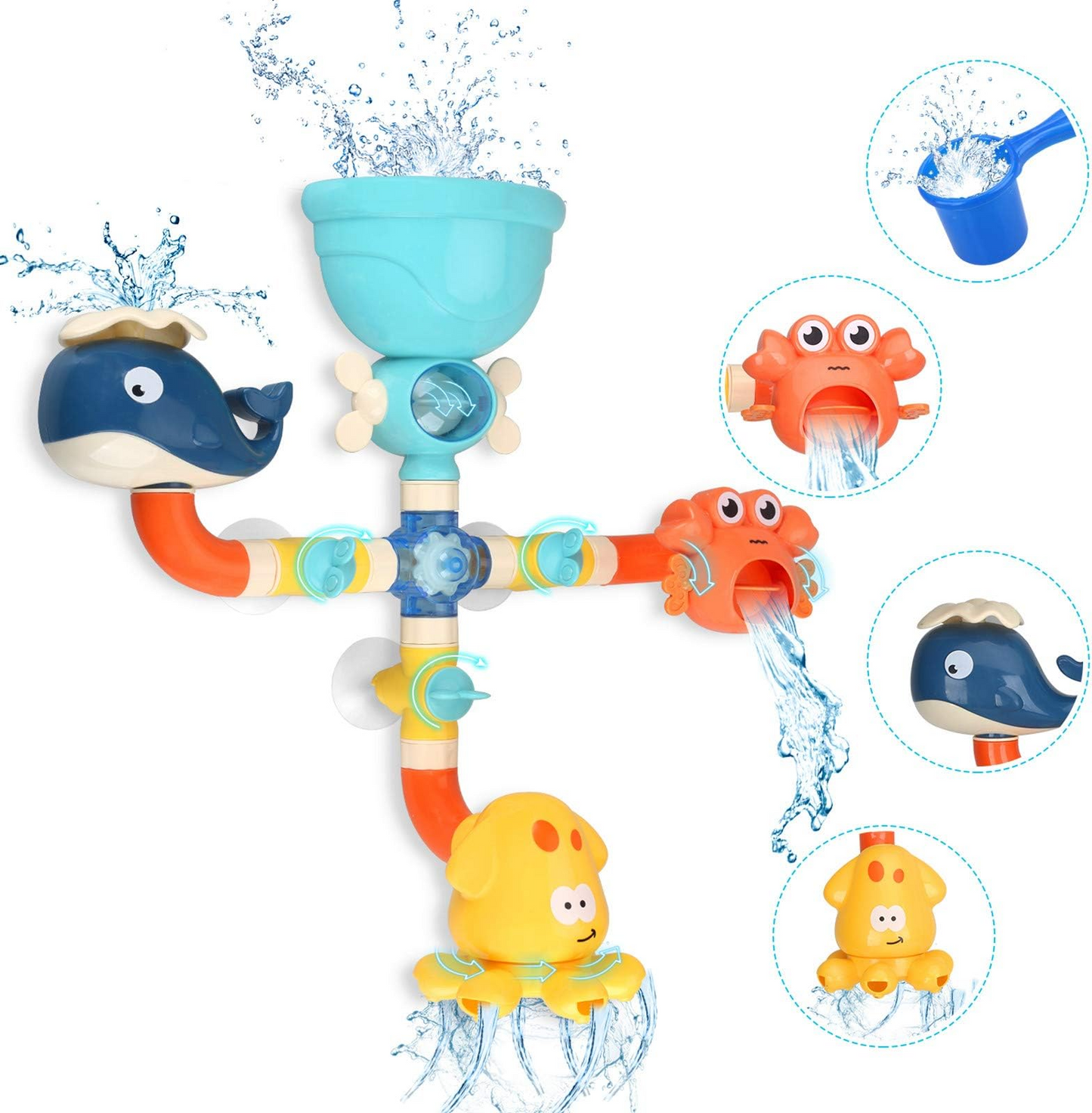 Bath Kids Toys, Waterfall Fill, Spin & Flow Octopus Crab Faucet Shower, Safe for Ages 2+
